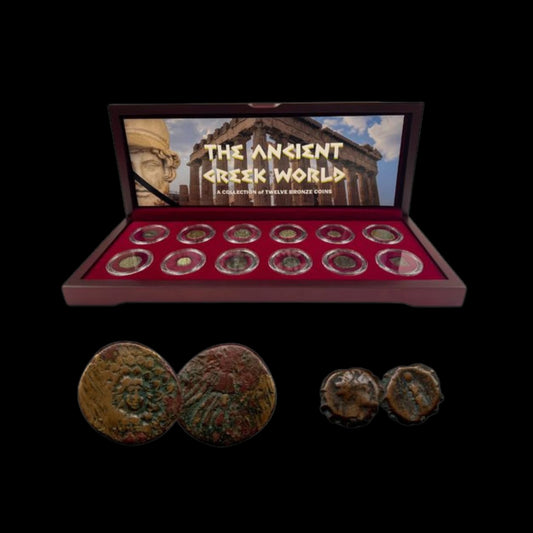 Ancient Greek Legacy: Collection of 12 Authentic Bronze Coins (5th–1st Century BC) in Wooden Display Box - Kinzer Coins
