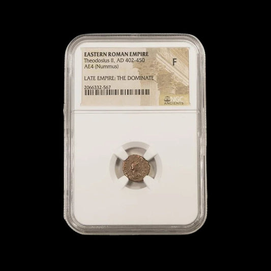 Ancient Roman Bronze Coin of Emperor Theodosius II (Builder of the Theodosian Walls), NGC Certified - Kinzer Coins