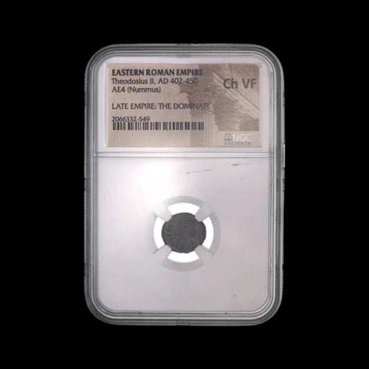 Ancient Roman Bronze Coin of Emperor Theodosius II (Builder of the Theodosian Walls), NGC Certified - Kinzer Coins