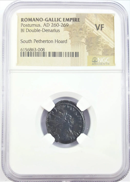 Postumus Antoninianus — South Petherton Hoard — NGC; original photograph, NGC holder and label