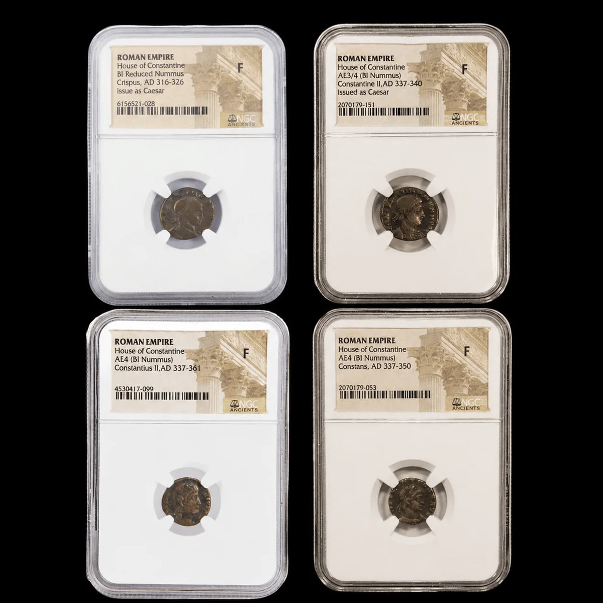 Constantinian Dynasty Starter Pack, representative group photograph of the NGC holders and certification labels