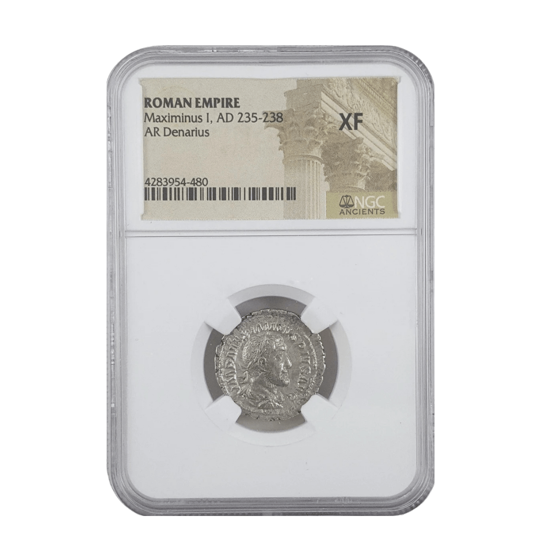 NGC certified Maximinus Thrax denarius reverse side legend