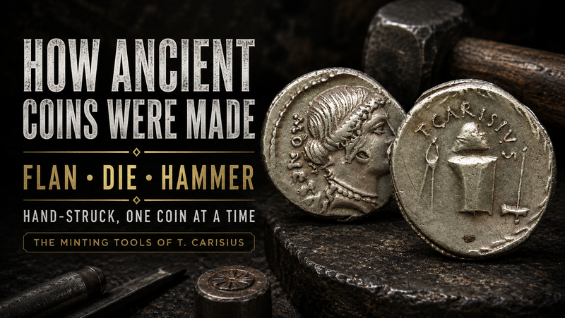 How Were Ancient Coins Made? T. Carisius minting tools denarius