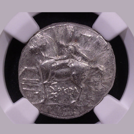 Ancient Greek Silver Didrachm of Taras (c. 280–240 BC, Horseman & Dolphin Rider Type), Authenticated Ancient Coin