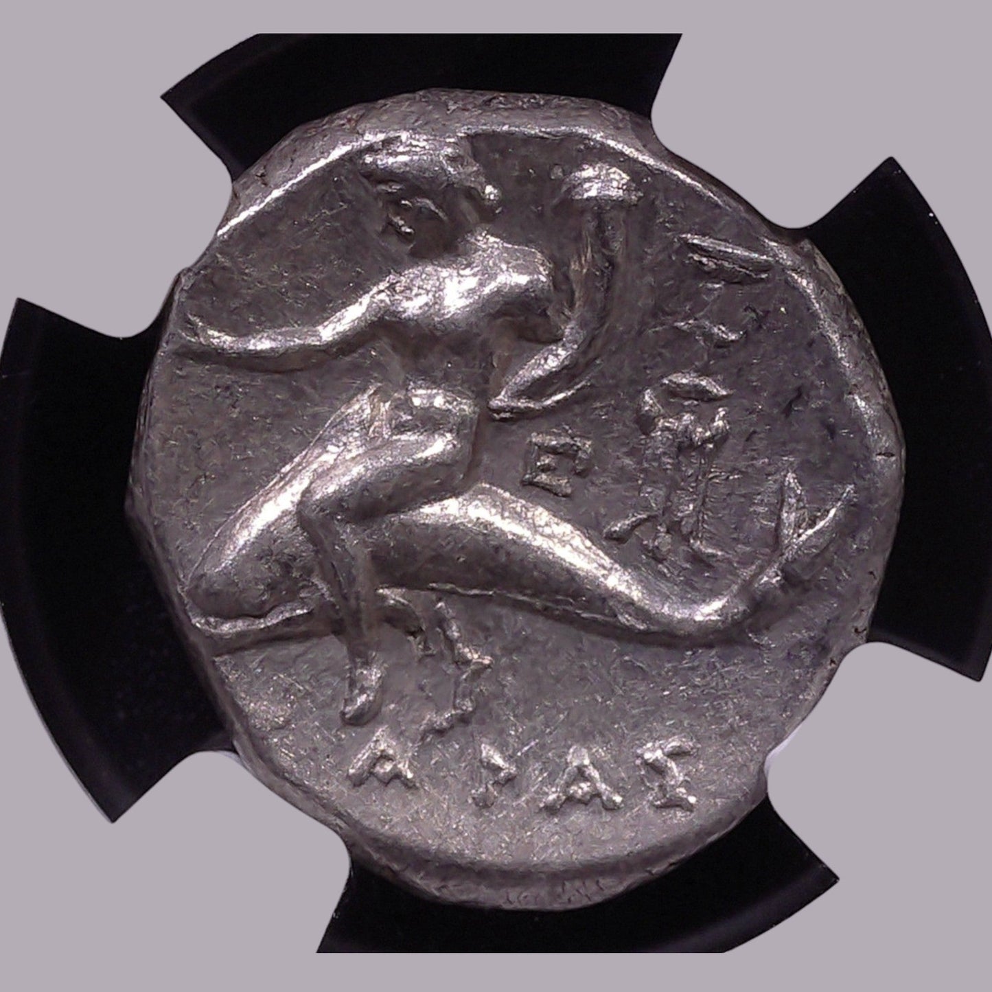 Ancient Greek Silver Didrachm of Taras (c. 280–240 BC, Horseman & Dolphin Rider Type), Authenticated Ancient Coin