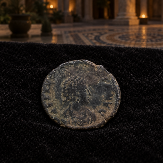 Representative Aelia Eudoxia bronze obverse resting on black velvet with an illustrative late Roman historical background