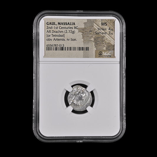 Ancient Celtic Silver Drachm of Massalia (2nd–1st Century BC, Artemis & Lion Type), Authenticated Ancient Coin - Kinzer Coins