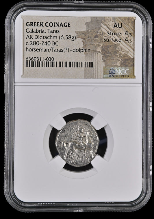 Ancient Greek Silver Didrachm of Taras (c. 280–240 BC, Horseman & Dolphin Rider Type), Authenticated Ancient Coin - Kinzer Coins