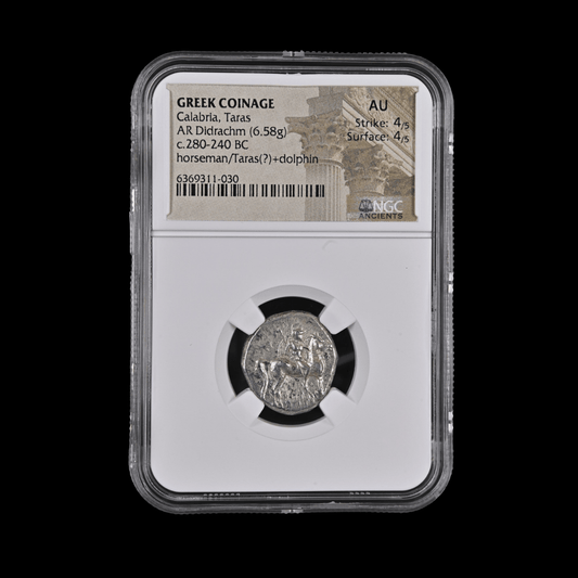 Ancient Greek Silver Didrachm of Taras (c. 280–240 BC, Horseman & Dolphin Rider Type), Authenticated Ancient Coin - Kinzer Coins