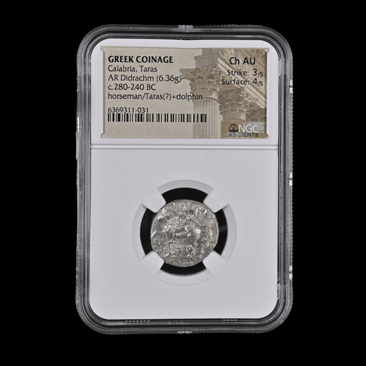 Ancient Greek Silver Didrachm of Taras (c. 280–240 BC, Horseman & Dolphin Rider Type), Authenticated Ancient Coin - Kinzer Coins