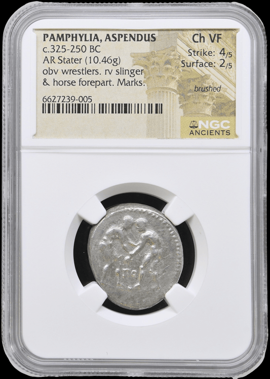 Ancient Greek Silver Stater of Aspendus (c. 325–250 BC, Famous Wrestlers & Slinger Type), Authenticated Ancient Coin - Kinzer Coins