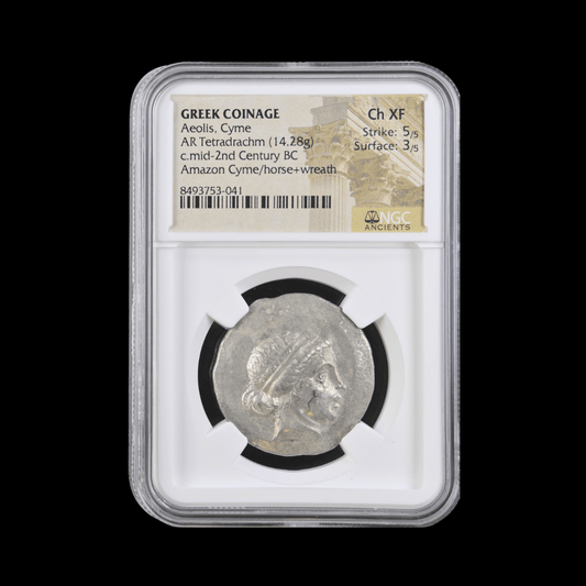 Ancient Greek Silver Tetradrachm of Cyme (c. Mid-2nd Century BC, Amazon Cyme & Horse Type), Authenticated Ancient Coin - Kinzer Coins