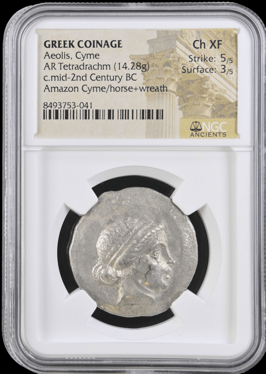 Ancient Greek Silver Tetradrachm of Cyme (c. Mid-2nd Century BC, Amazon Cyme & Horse Type), Authenticated Ancient Coin - Kinzer Coins