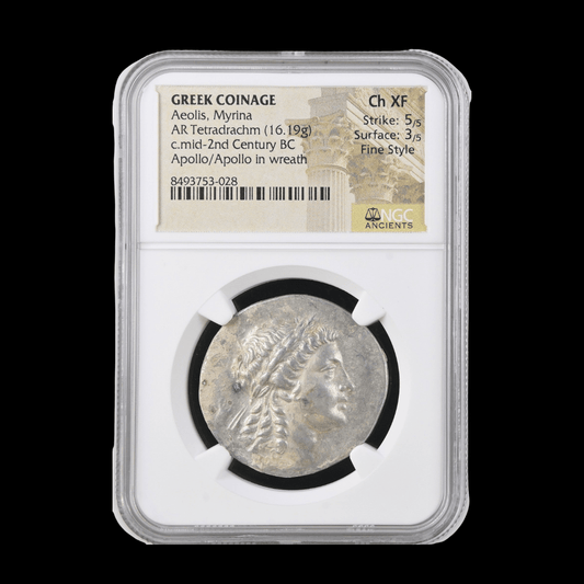 Ancient Greek Silver Tetradrachm of Myrina (c. 2nd Century BC, Apollo & Wreath Type), Authenticated Ancient Coin - Kinzer Coins