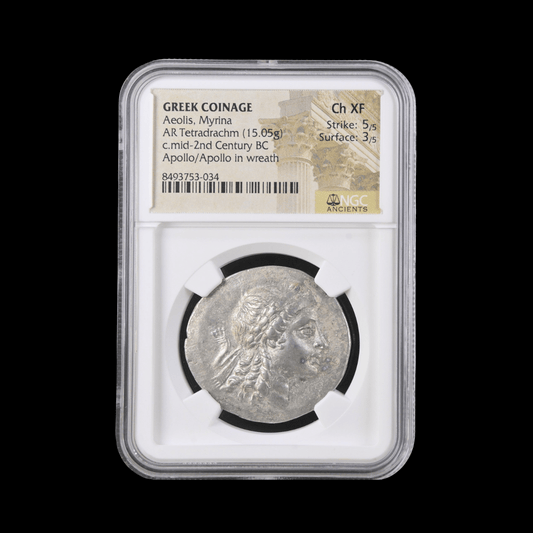 Ancient Greek Silver Tetradrachm of Myrina (c. Mid-2nd Century BC, Apollo in Wreath Type), Authenticated Ancient Coin - Kinzer Coins