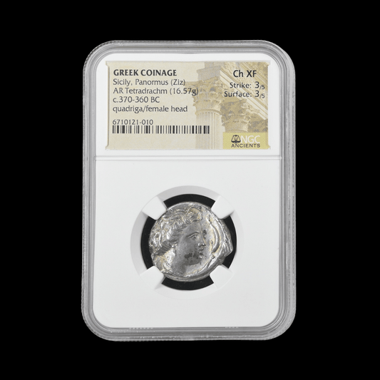 Ancient Greek Silver Tetradrachm of Panormus (c. 370–360 BC, Quadriga & Female Head Type), Authenticated Ancient Coin - Kinzer Coins