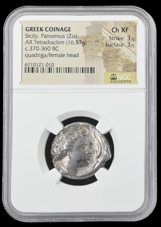 Ancient Greek Silver Tetradrachm of Panormus (c. 370–360 BC, Quadriga & Female Head Type), Authenticated Ancient Coin - Kinzer Coins