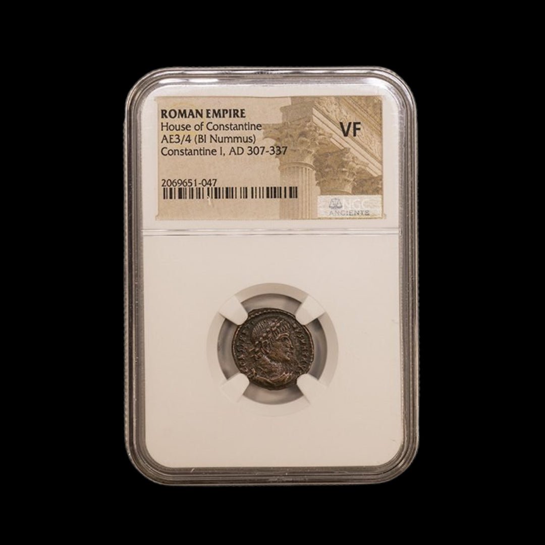 Ancient Roman Bronze Coin of Constantine the Great (c. AD 300, Rome’s First Christian Emperor), NGC Certified - Kinzer Coins