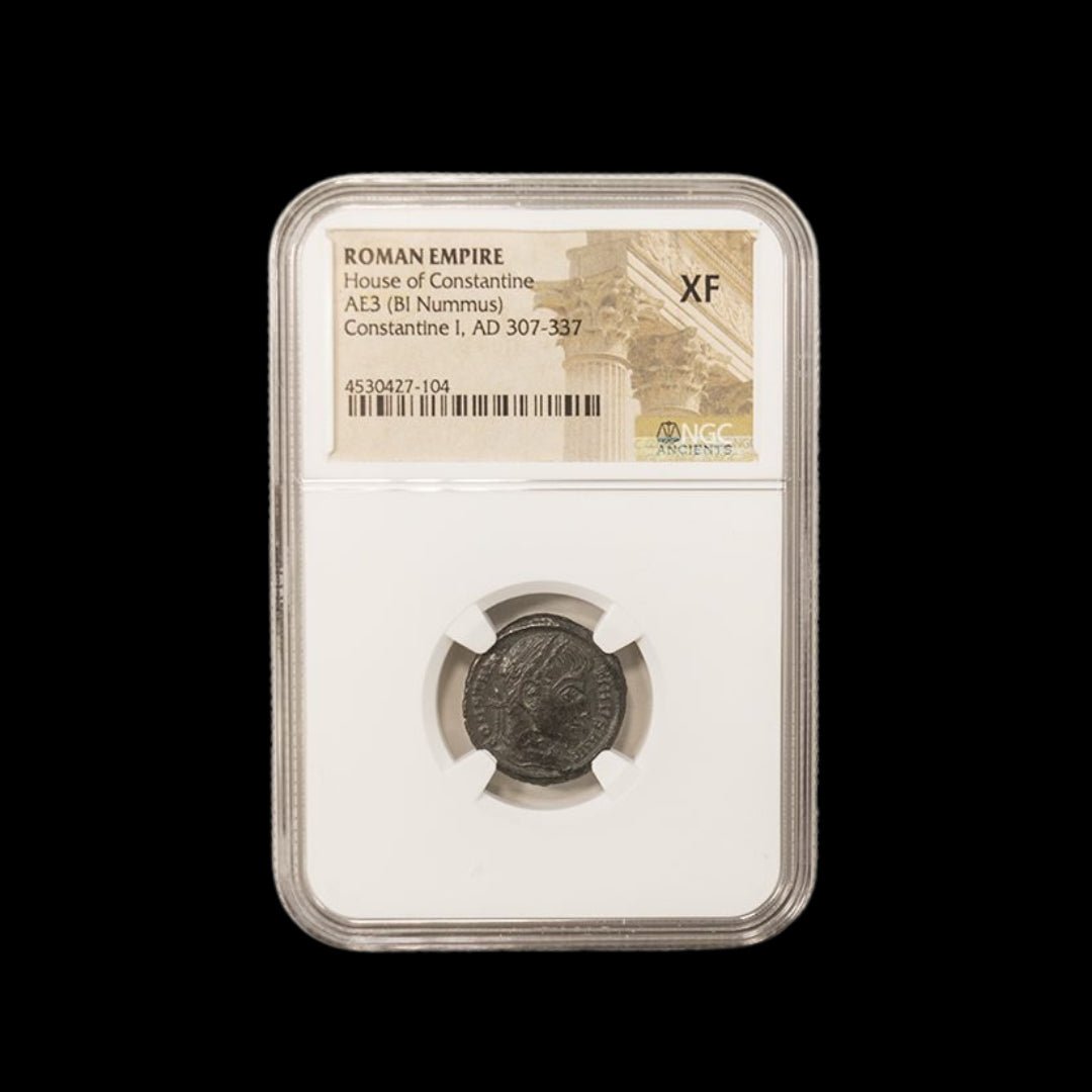 Ancient Roman Bronze Coin of Constantine the Great (c. AD 300, Rome’s First Christian Emperor), NGC Certified - Kinzer Coins