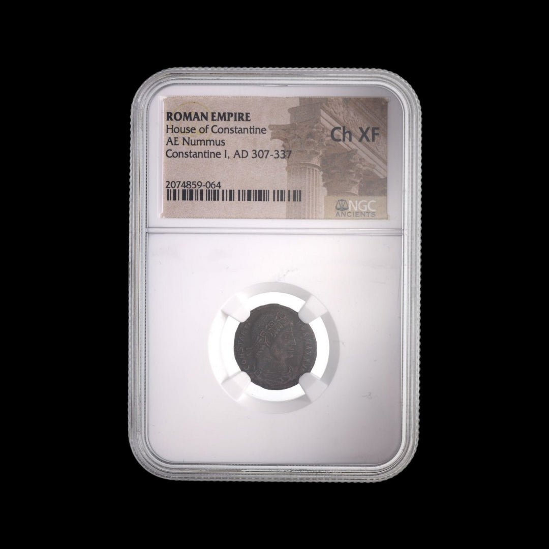 Ancient Roman Bronze Coin of Constantine the Great (c. AD 300, Rome’s First Christian Emperor), NGC Certified - Kinzer Coins