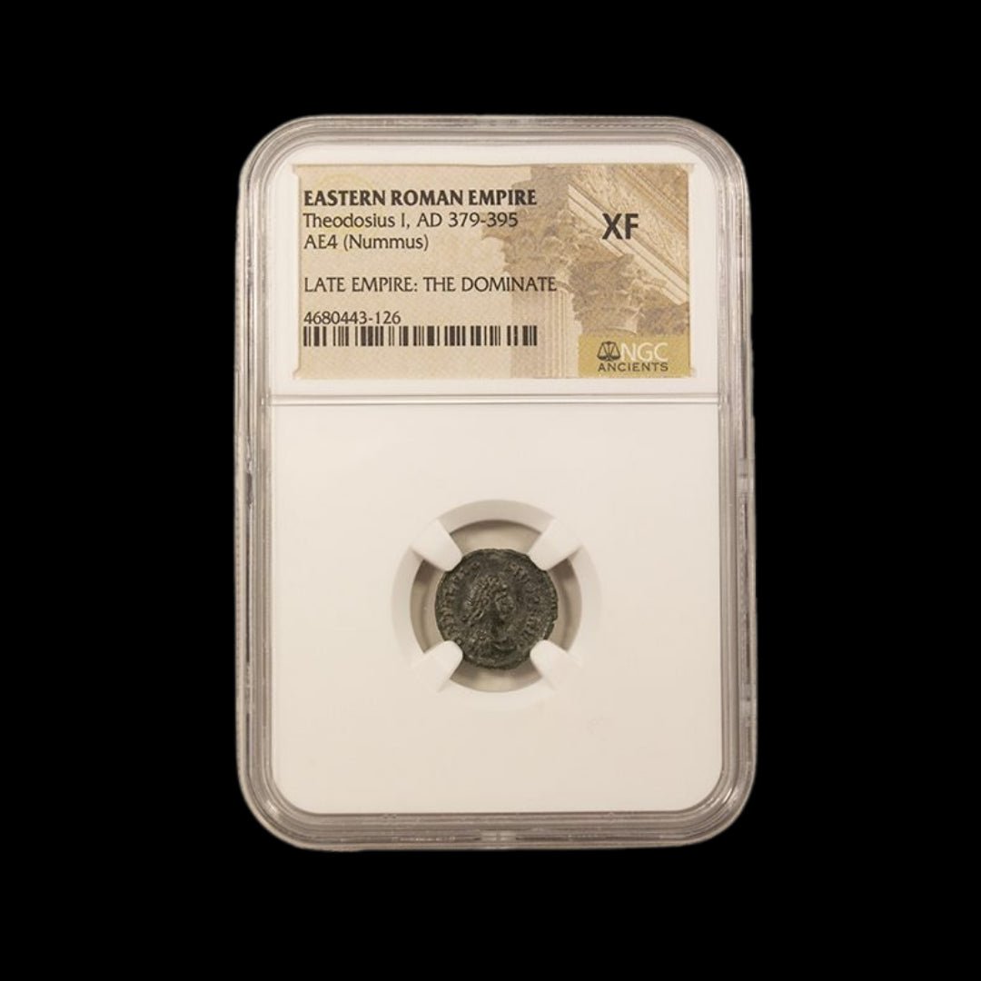 Ancient Roman Bronze Coin of Emperor Theodosius I (Last Emperor of a United Roman Empire) - Kinzer Coins