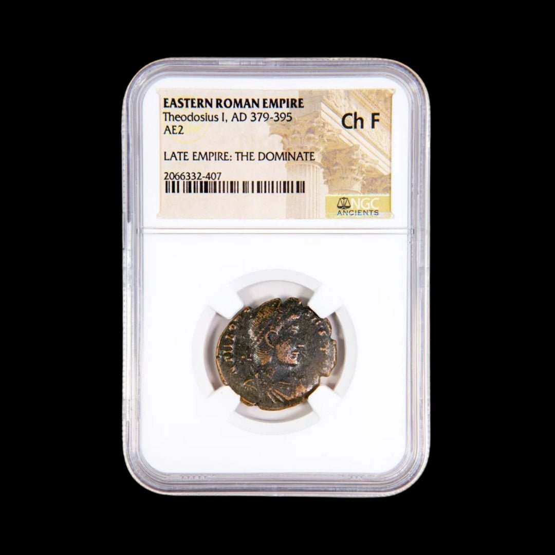 Ancient Roman Bronze Coin of Emperor Theodosius I — Over 1,600 Years Old, NGC Certified | The Last Emperor to Rule Both Eastern and Western Rome - Kinzer Coins