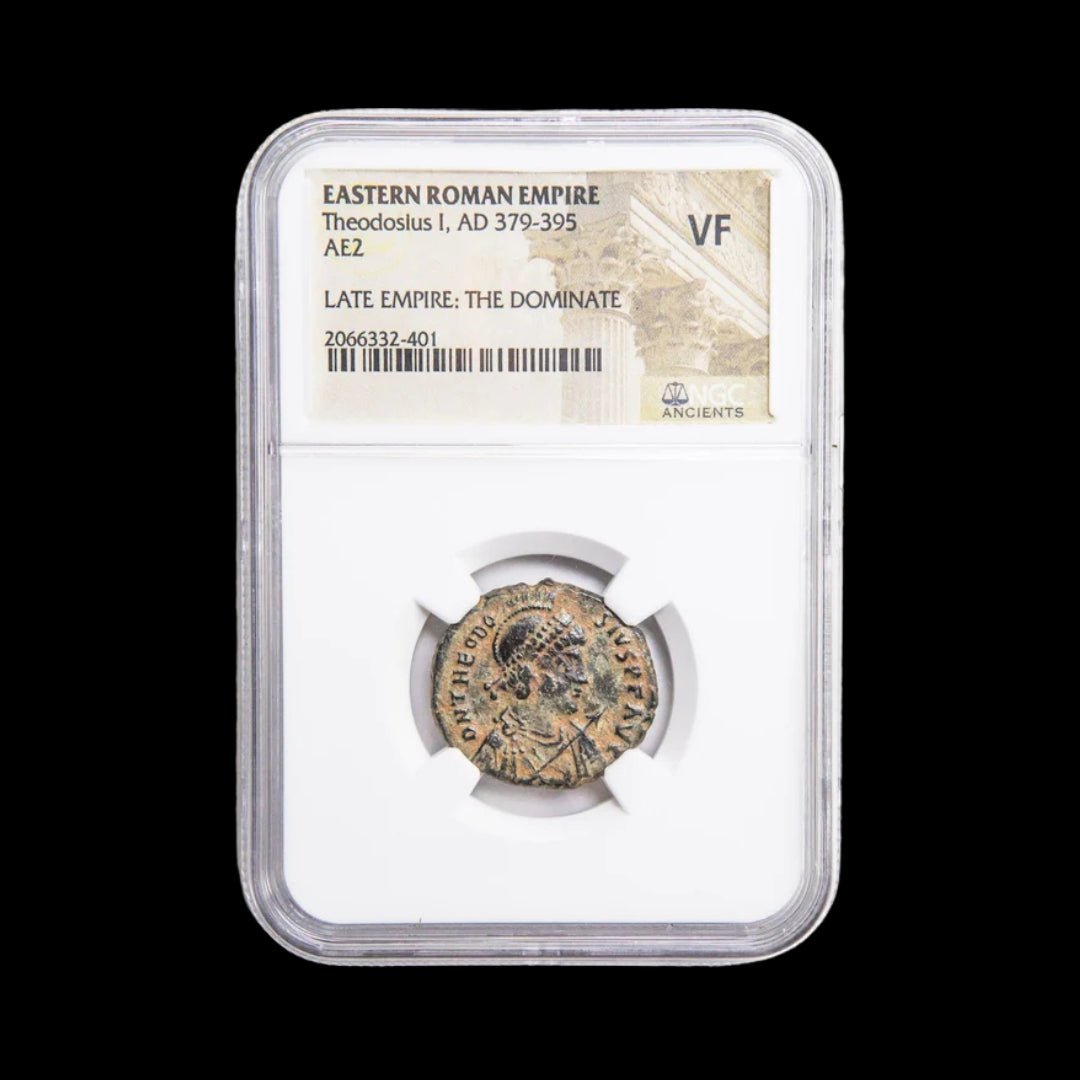 Ancient Roman Bronze Coin of Emperor Theodosius I — Over 1,600 Years Old, NGC Certified | The Last Emperor to Rule Both Eastern and Western Rome - Kinzer Coins