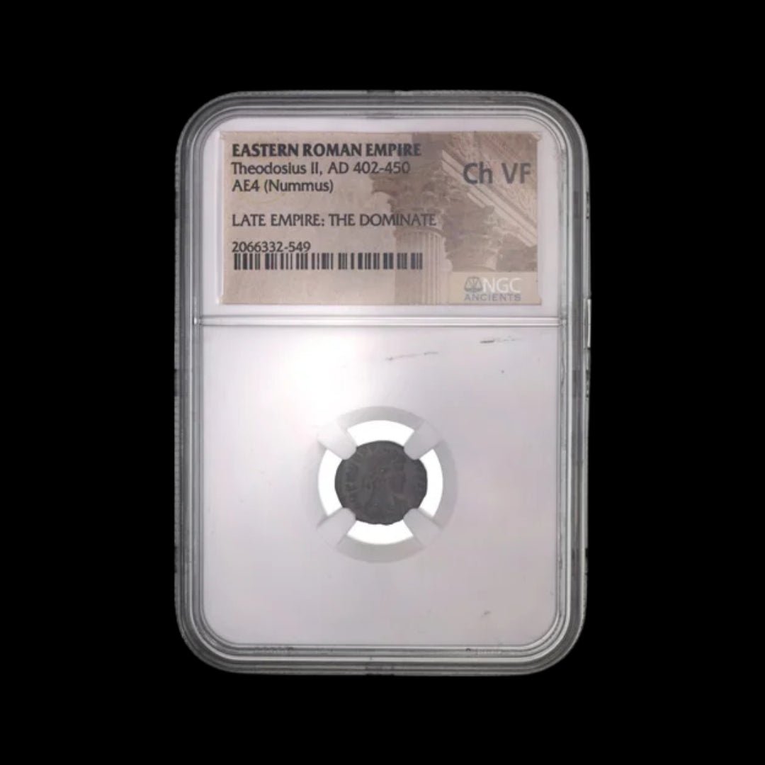 Ancient Roman Bronze Coin of Emperor Theodosius II (Builder of the Theodosian Walls), NGC Certified - Kinzer Coins