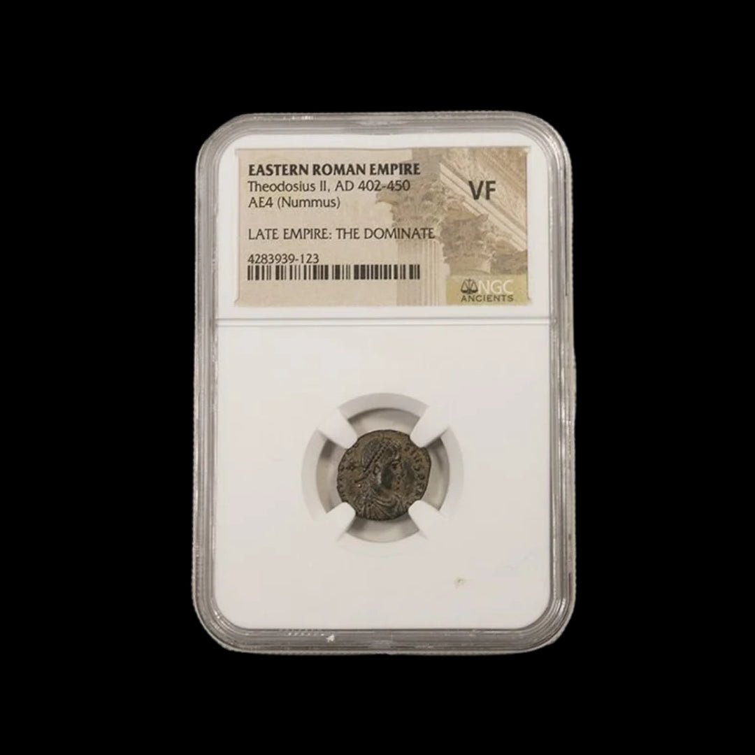 Ancient Roman Bronze Coin of Emperor Theodosius II (Builder of the Theodosian Walls), NGC Certified - Kinzer Coins