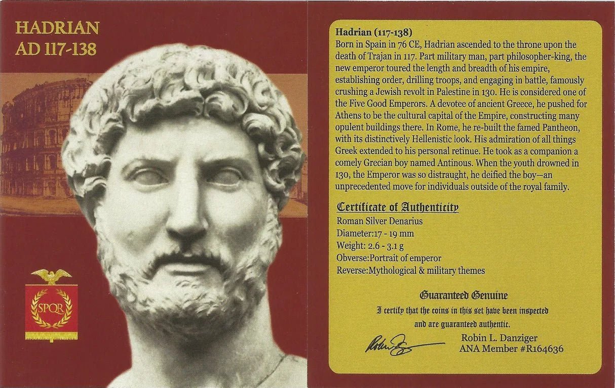 Ancient Roman Silver Coin of Emperor Hadrian (Builder of Hadrian’s Wall) - Kinzer Coins