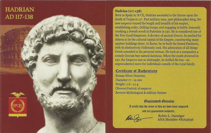 Ancient Roman Silver Coin of Emperor Hadrian (Builder of Hadrian’s Wall) - Kinzer Coins