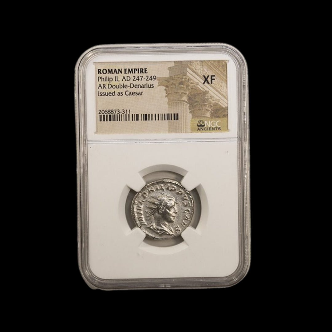 Ancient Roman Silver Coin of Emperor Philip II (Imperial Son Raised to the Throne) - Kinzer Coins
