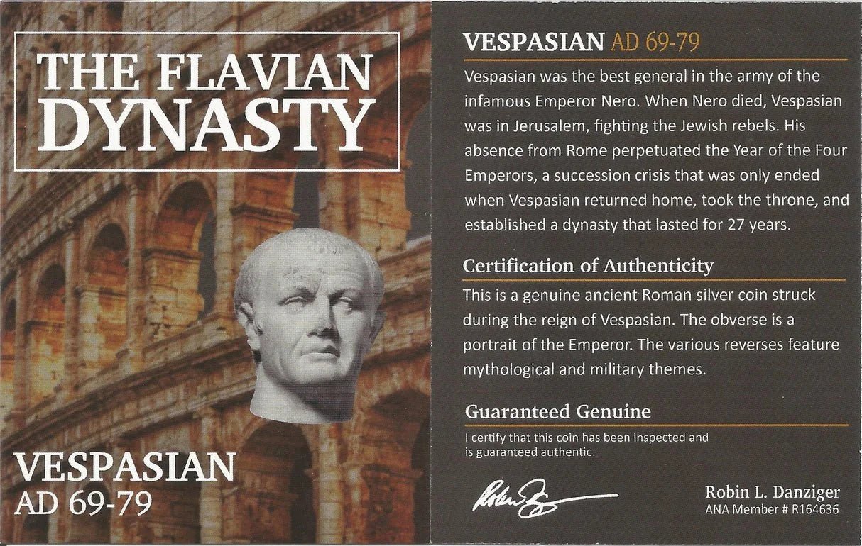 Ancient Roman Silver Coin of Emperor Vespasian (Founder of the Flavian Dynasty) - Kinzer Coins
