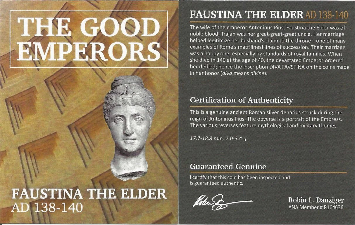 Ancient Roman Silver Coin of Empress Faustina the Elder (Wife of Emperor Antoninus Pius) - Kinzer Coins