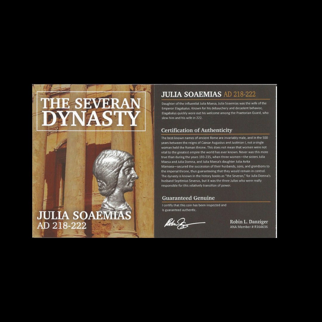 Ancient Roman Silver Coin of Empress Julia Soaemias (Mother of Emperor Elagabalus) - Kinzer Coins