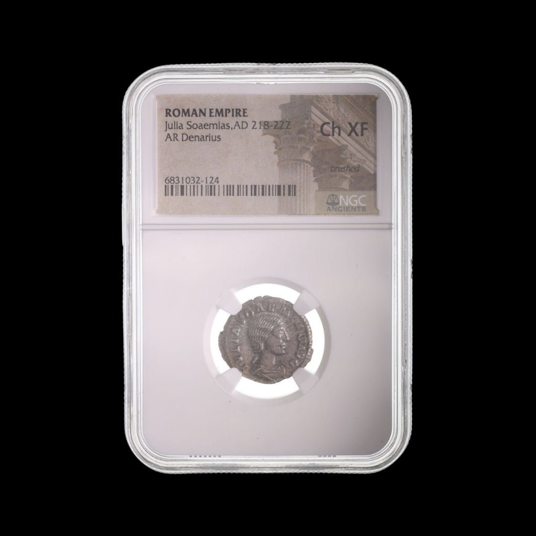 Ancient Roman Silver Coin of Empress Julia Soaemias (Mother of Emperor Elagabalus) - Kinzer Coins
