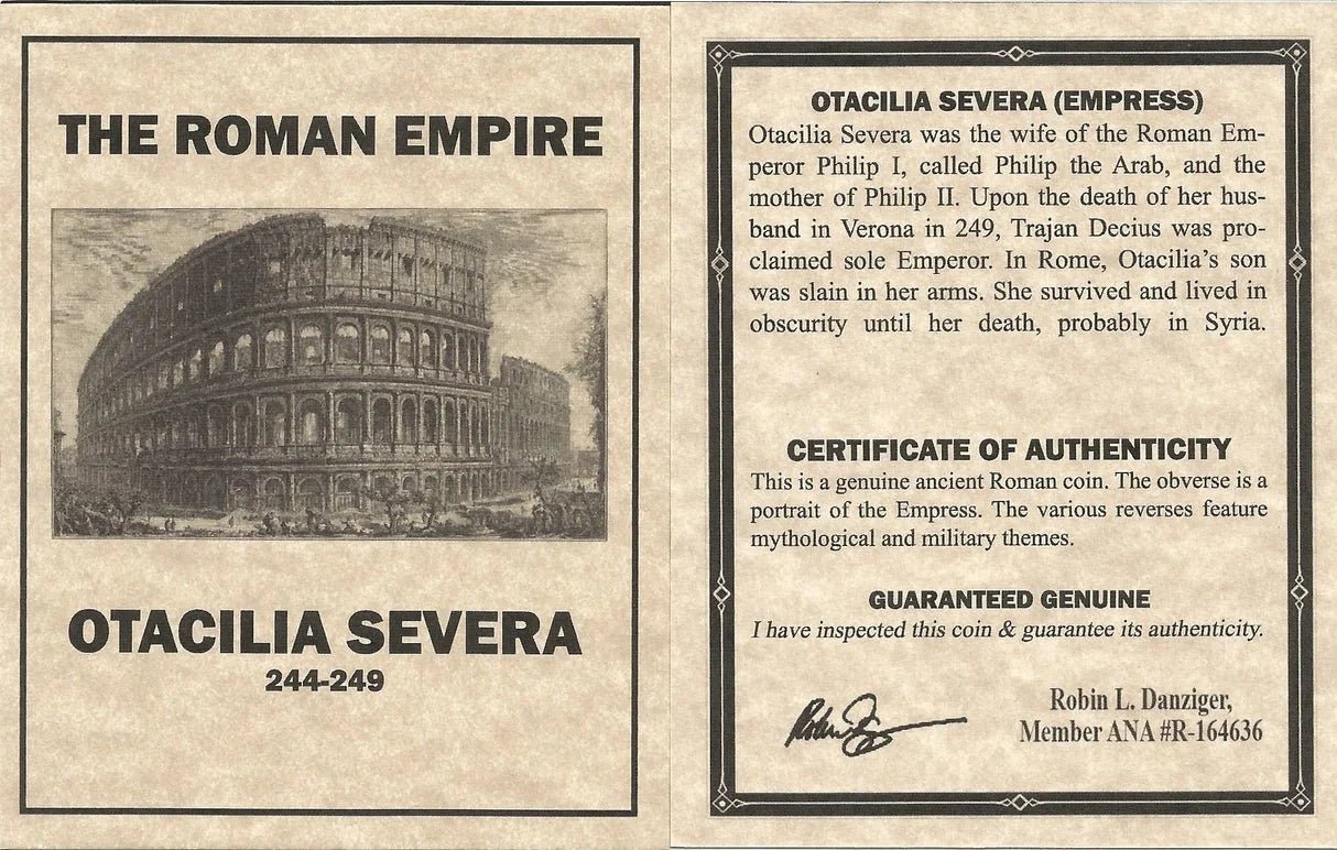 Ancient Roman Silver Coin of Empress Otacilia Severa (Wife of Emperor Philip I) - Kinzer Coins