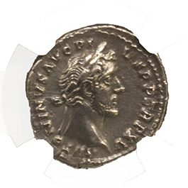 Antoninus Pius silver denarius; original coin obverse close-up photograph