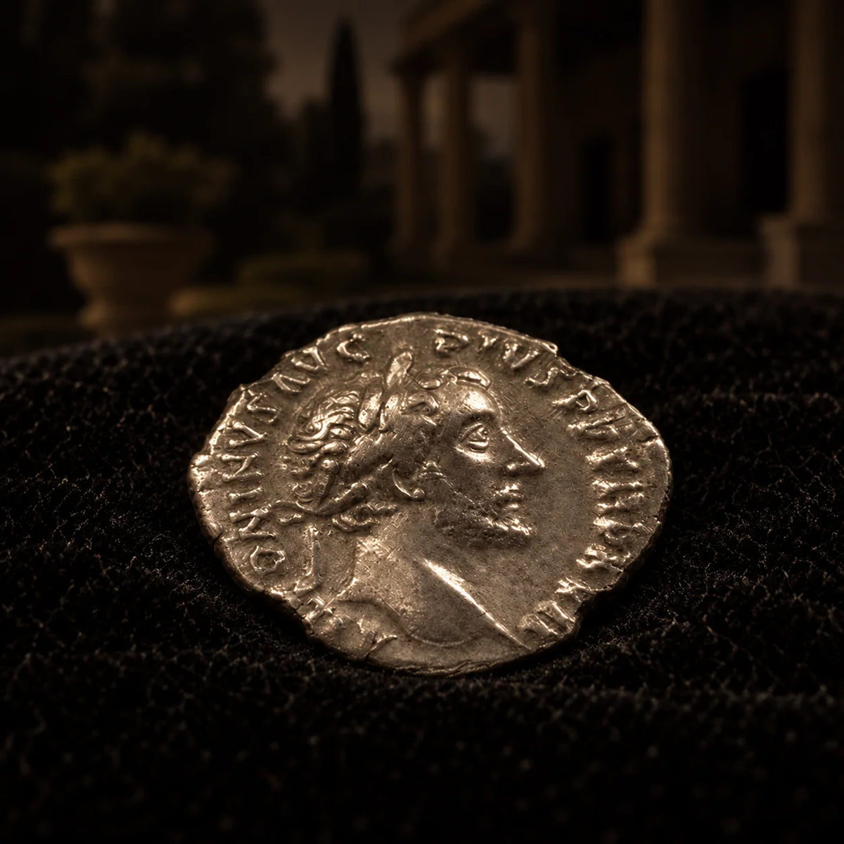 Representative Antoninus Pius silver denarius obverse resting on black velvet with an illustrative Roman villa background
