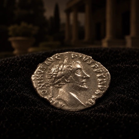 Representative Antoninus Pius silver denarius obverse resting on black velvet with an illustrative Roman villa background