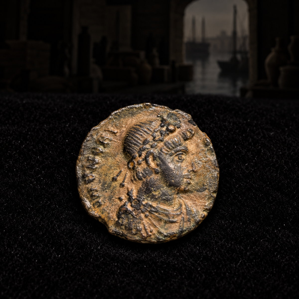 Representative coin obverse resting on black velvet with an illustrative historical background — Honorius Bronze — Western Roman Emperor, AD 393–423