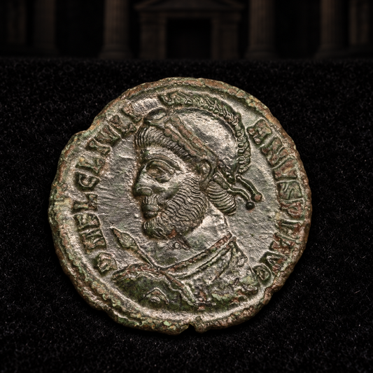 Representative coin obverse resting on black velvet with an illustrative historical background — Julian II Ancient Roman Bronze Coin — Last Pagan Emperor (AD 360–363) — NGC Certified