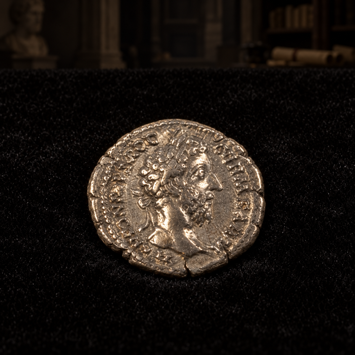 Representative coin obverse resting on black velvet with an illustrative historical background — Marcus Aurelius Silver Denarius — NGC Certified, AD 161–180