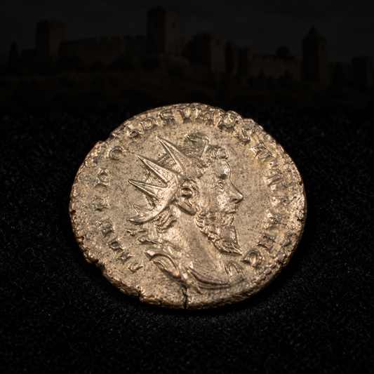 Representative coin obverse resting on black velvet with an illustrative historical background — Postumus Ancient Roman Antoninianus — Founder of the Gallic Empire (AD 260–269) — NGC Certified