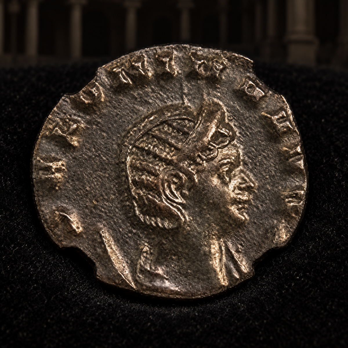 Representative coin obverse resting on black velvet with an illustrative historical background — Salonina Ancient Roman Antoninianus — Empress & Wife of Gallienus (AD 254–268) — NGC Certified