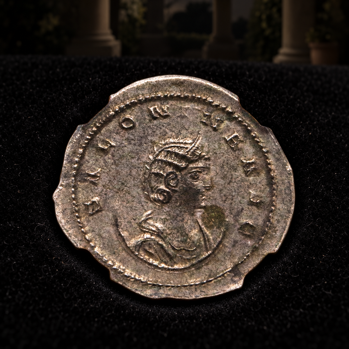 Representative coin obverse resting on black velvet with an illustrative historical background — Salonina Ancient Roman Silver Antoninianus — Empress & Wife of Gallienus (AD 254–268) — NGC Certified