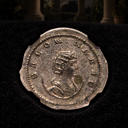 Representative coin obverse resting on black velvet with an illustrative historical background — Salonina Ancient Roman Silver Antoninianus — Empress & Wife of Gallienus (AD 254–268) — NGC Certified