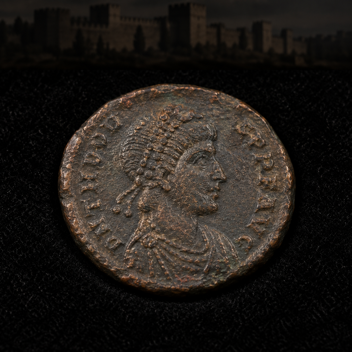 Representative coin obverse resting on black velvet with an illustrative historical background — Theodosius II Ancient Roman Bronze Coin — Theodosian Walls Era (AD 402–450) — NGC Certified