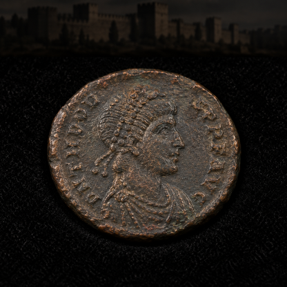 Representative coin obverse resting on black velvet with an illustrative historical background — Theodosius II Ancient Roman Bronze Coin — Theodosian Walls Era (AD 402–450) — NGC Certified
