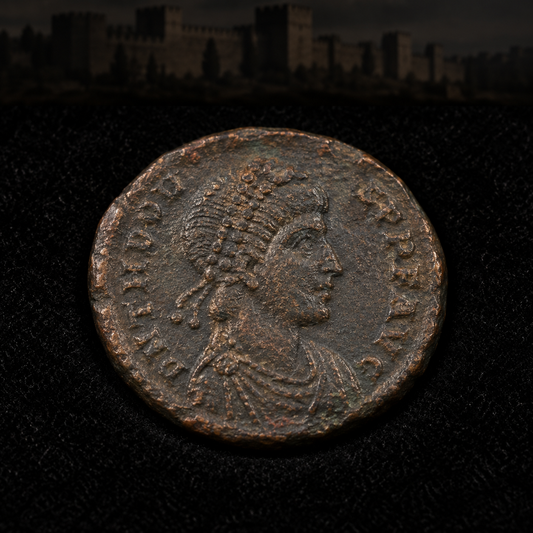 Representative coin obverse resting on black velvet with an illustrative historical background — Theodosius II Ancient Roman Bronze Coin — Theodosian Walls Era (AD 402–450) — NGC Certified